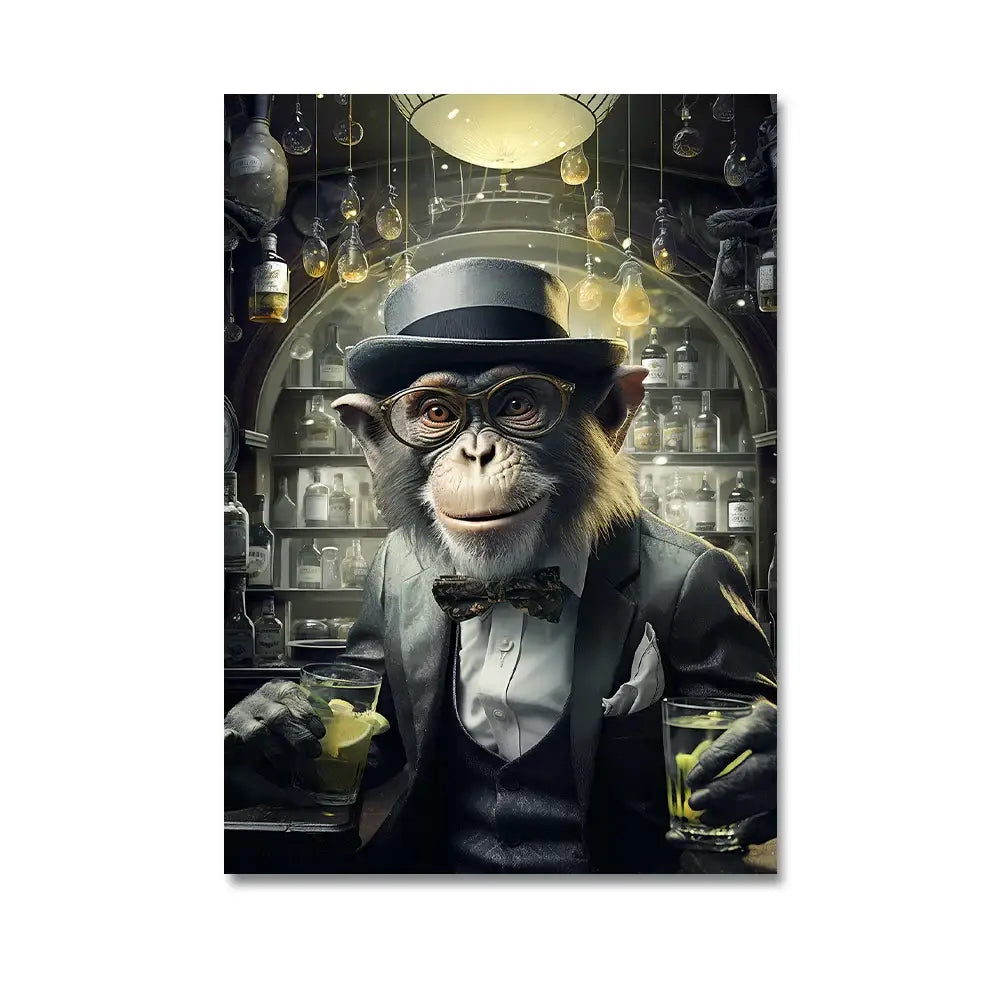 Elegant black-tie monkey in suit and top hat holding drinks on decorbites™ nordic gorilla wall art canvas print
