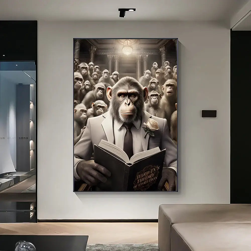 A framed art canvas print of a chimpanzee in a gray suit holding darwins theory of evolution book for wall art decor