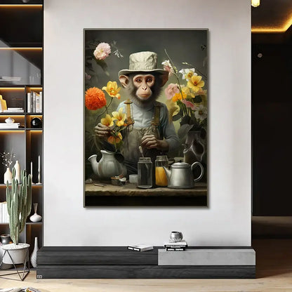 A DecorBites Nordic Gorilla wall art canvas print featuring a monkey in white hat and overalls with vibrant flowers and vintage tea set