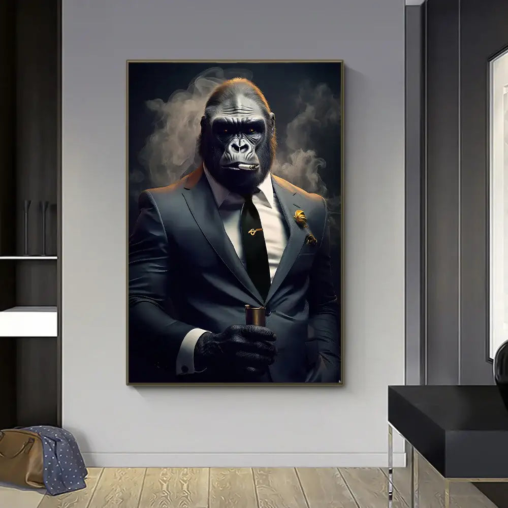 A framed decorbites™ nordic gorilla wall art canvas print featuring a gorilla in a dark gray suit with a cigar and gold boutonniere