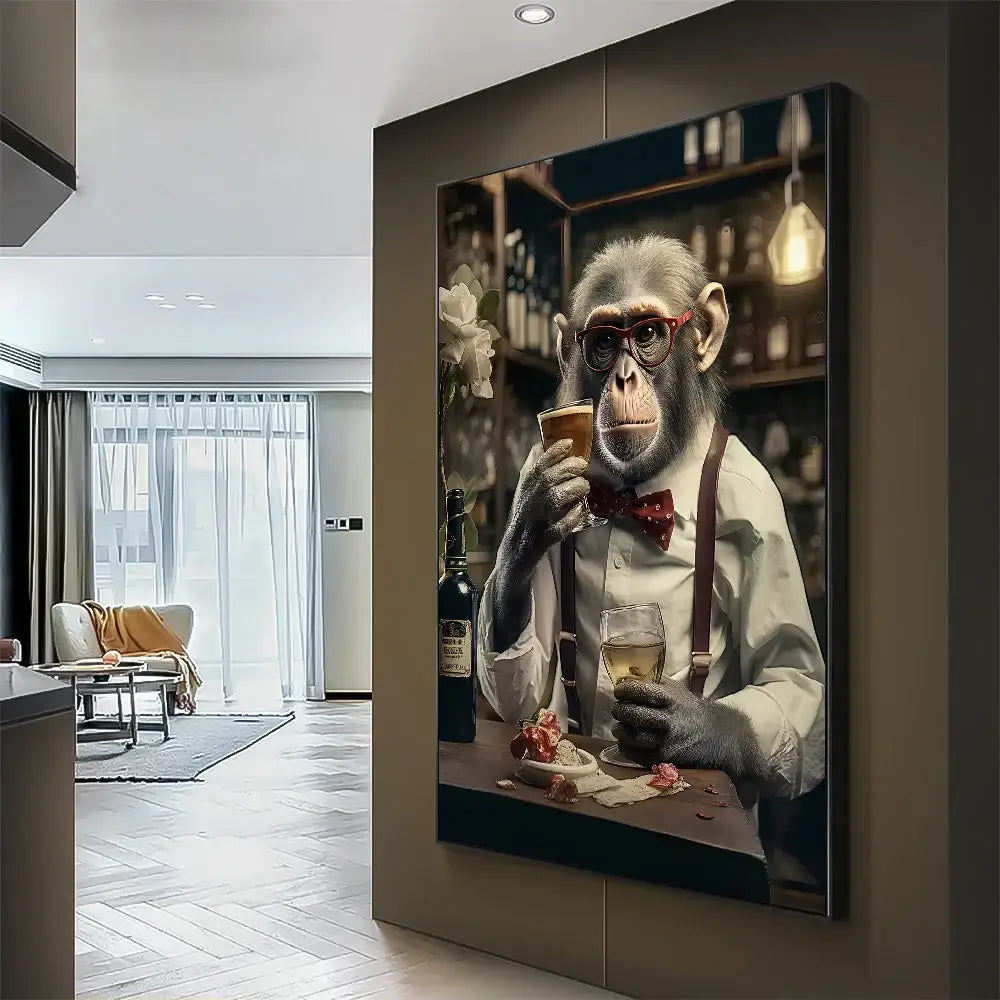 A framed DecorBites™ nordic gorilla wall art canvas print of a chimpanzee in glasses and suspenders holding drinks