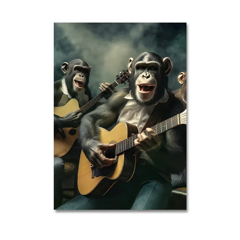 A framed decorbites™ nordic gorilla wall art canvas print of three formally dressed chimpanzees playing guitars