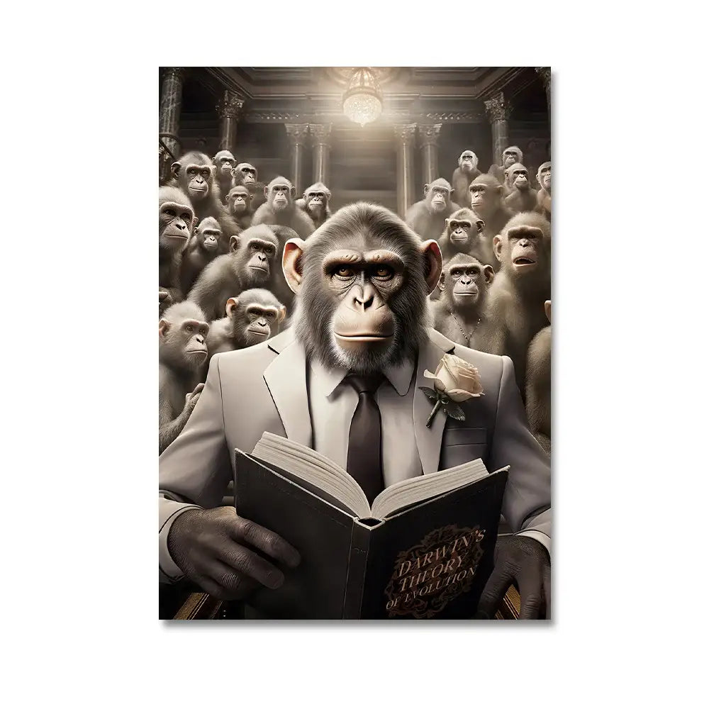 A sophisticated chimpanzee in a gray suit holding a book decorates this nordic gorilla wall art canvas print by decorbites