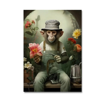 Decorbites™ nordic gorilla wall art canvas print of a monkey in green overalls holding pink flowers in garden scene wall art canvas