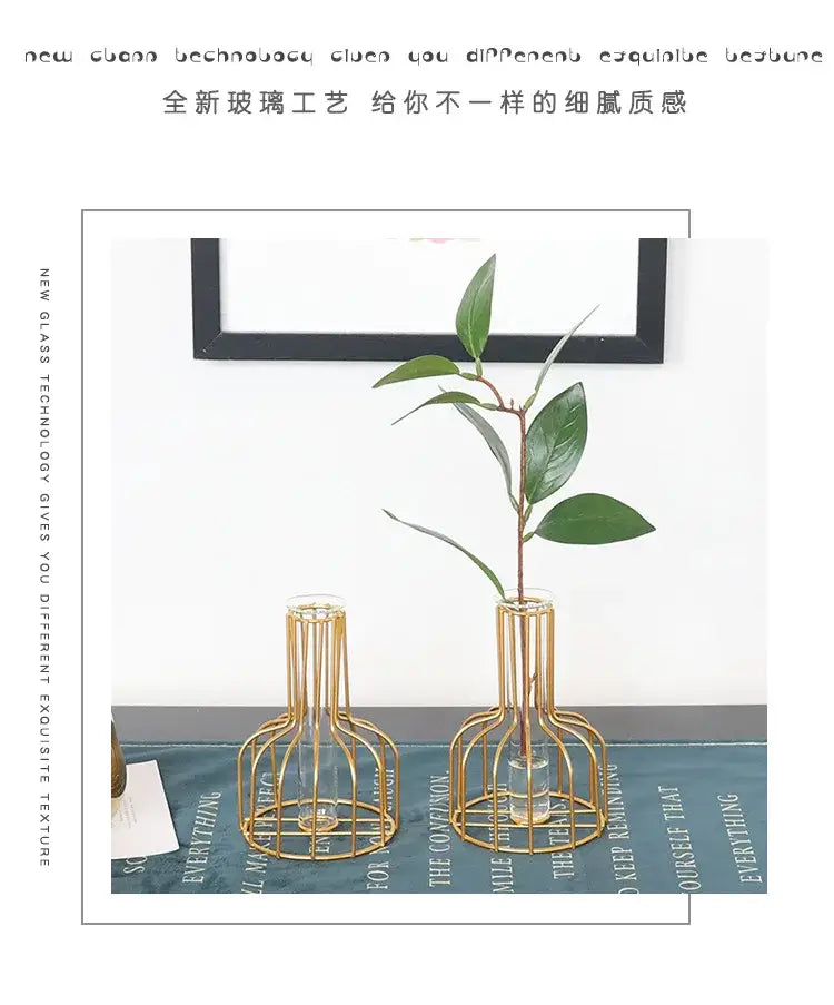 Gold wireframe iron golden hydroponic vase with slender green plant, nordic style decorbites™ design