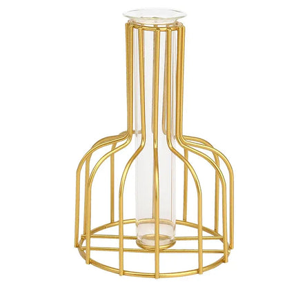 Gold-toned iron golden hydroponic vase with clear glass slender neck encased in metal cage by decorbites