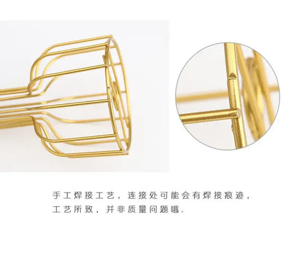 Decorbites™ nordic iron golden hydroponic vase featuring a gold-colored hand-welded iron golden wire mesh basket with handle