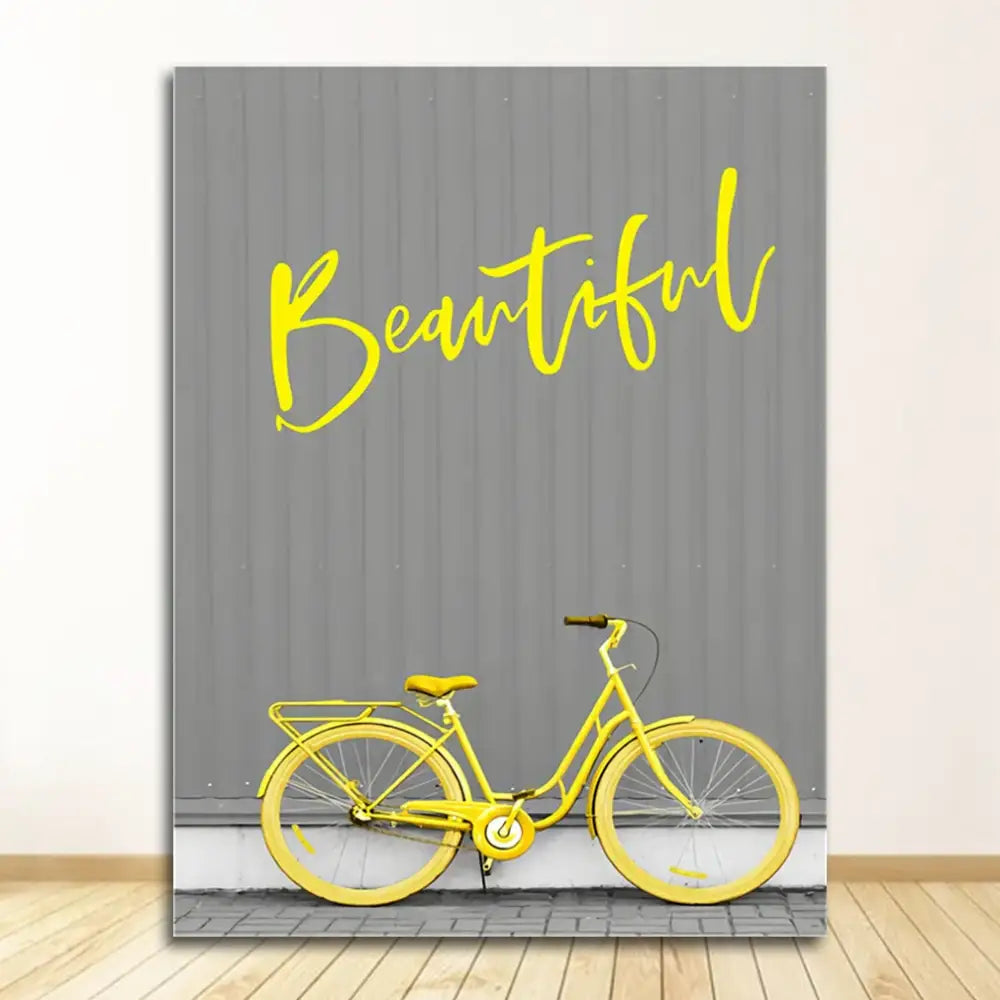 DecorBites™ nordic landscape canvas print set featuring yellow bicycle and beautiful script on gray wall art canvas
