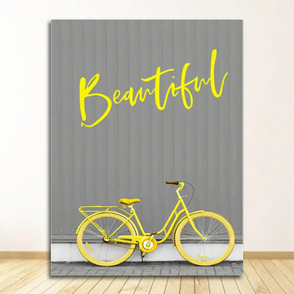 DecorBites™ nordic landscape canvas print set featuring yellow bicycle and beautiful script on gray wall art canvas