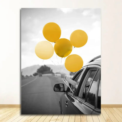 Decorbites™ nordic landscape canvas print set featuring black and white car photo with vibrant yellow balloons on road