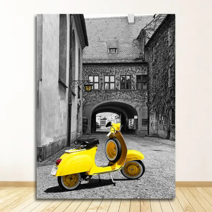 Decorbites™ nordic landscape canvas print set featuring bright yellow vespa scooter under stone archway