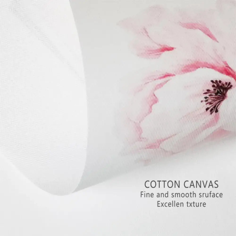 A delicate pink watercolor flower design on soft white cotton canvas in the decorbites™ nordic landscape canvas set yellow scenery