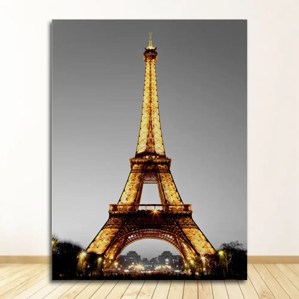 Golden-lit eiffel tower nordic landscape canvas print on gray background from decorbites™ yellow scenery set