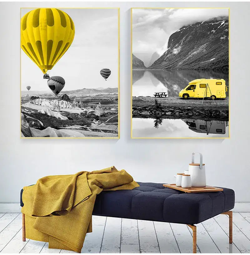 Decorbites™ nordic landscape canvas print set featuring a yellow hot air balloon with black and white scenery background