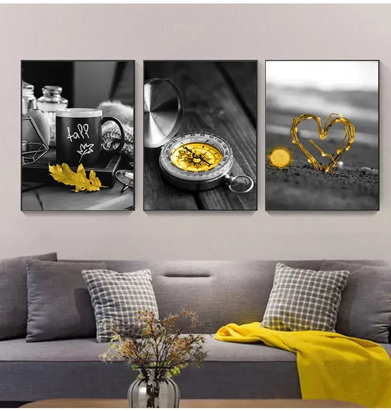 Set of three black and white framed wall art panels featuring coffee mug compass and heart light design for nordic landscape canvas decor