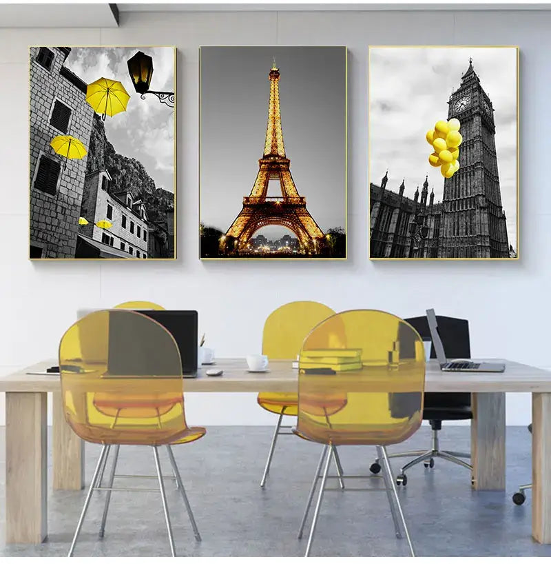 Three framed decorbites™ nordic landscape canvas prints featuring black and white landmarks with yellow accents