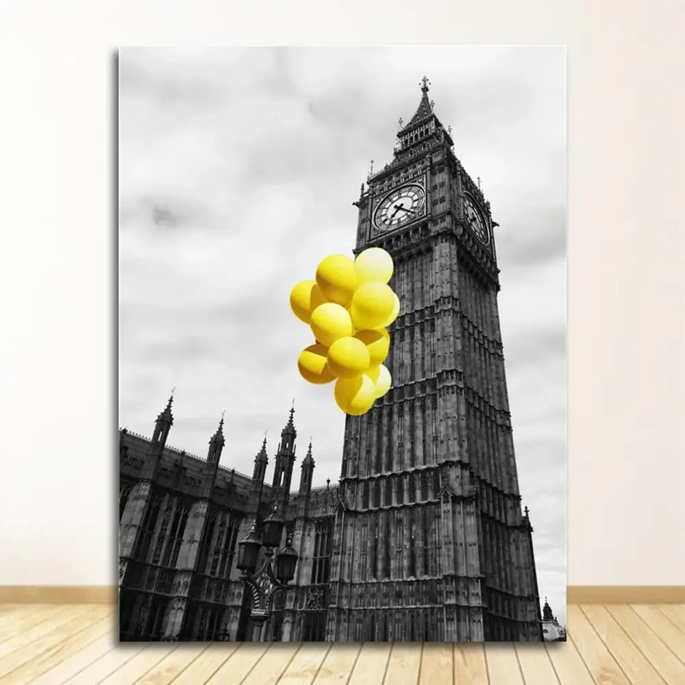 Decorbites™ nordic landscape canvas print set featuring vibrant yellow balloons against a black-and-white landscape canvas of big ben