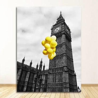 Decorbites™ nordic landscape canvas print set featuring vibrant yellow balloons against a black-and-white landscape canvas of big ben