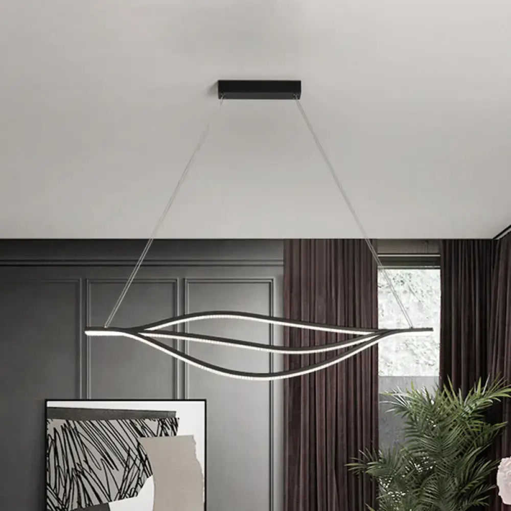 Modern black and white led lightbulb chandelier with sleek curved metallic leaf-like design for island lighting