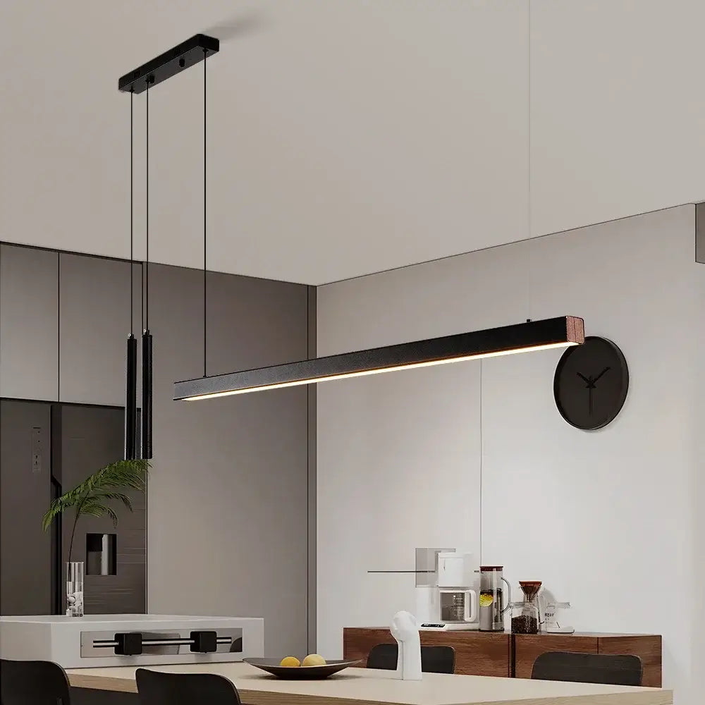 Black rectangular nordic led chandelier with minimalist design and subtle wood accent for home lighting by DecorBites