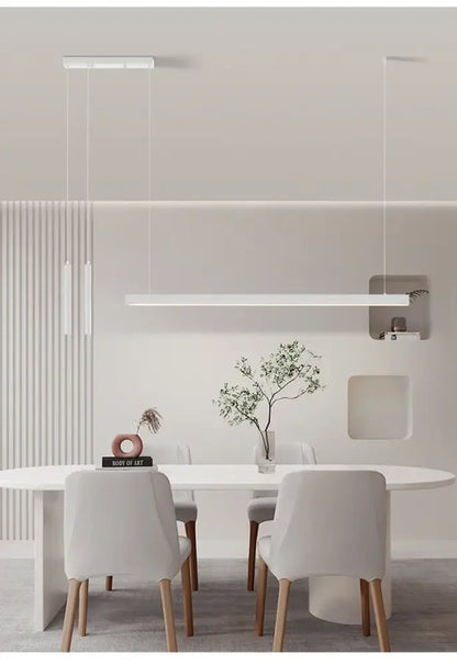 Minimalist white rectangular nordic led chandelier with sleek modern design suspended above dining table for home lighting