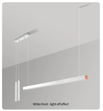 Modern minimalist nordic led chandelier with white rectangular body and copper accents suspended by thin cords for home lighting