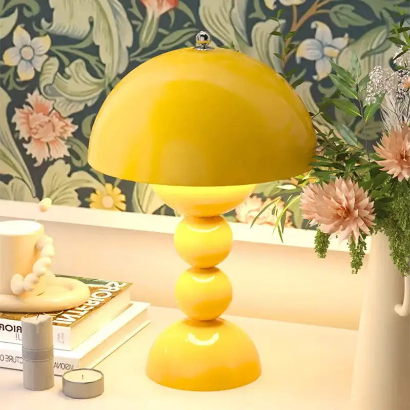 Vibrant yellow nordic led table lamp with usb dimmable function and glossy mushroom-shaped stacked spherical base