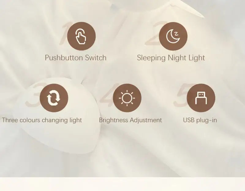 White fabric nordic led table lamp with brown icons featuring usb dimmable pushbutton switch and color changing light