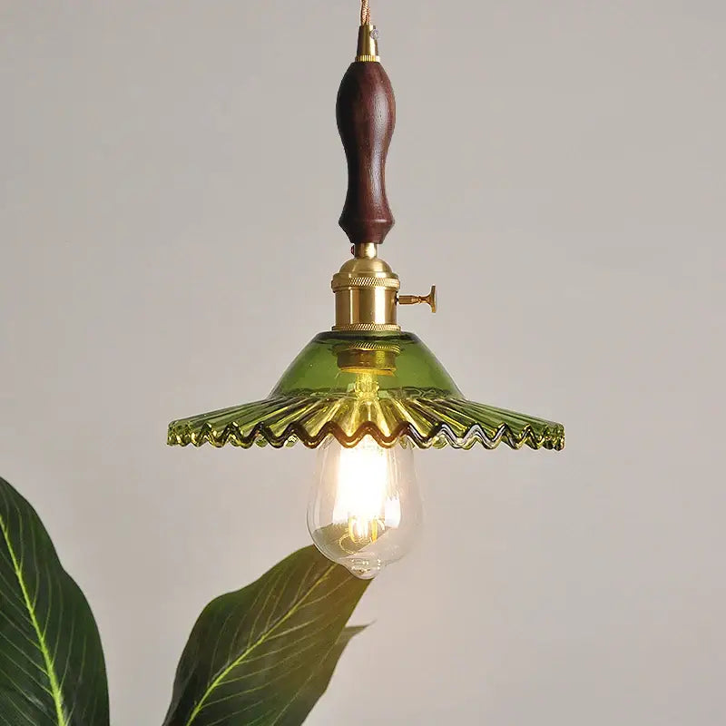 DecorBites nordic led pendant light with olive green glass shade scalloped edge brass hardware and dark wood handle chain cord