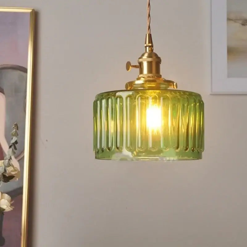 DecorBites™ Nordic led pendant light with green ribbed glass shade and brass hardware hanging from chain cord