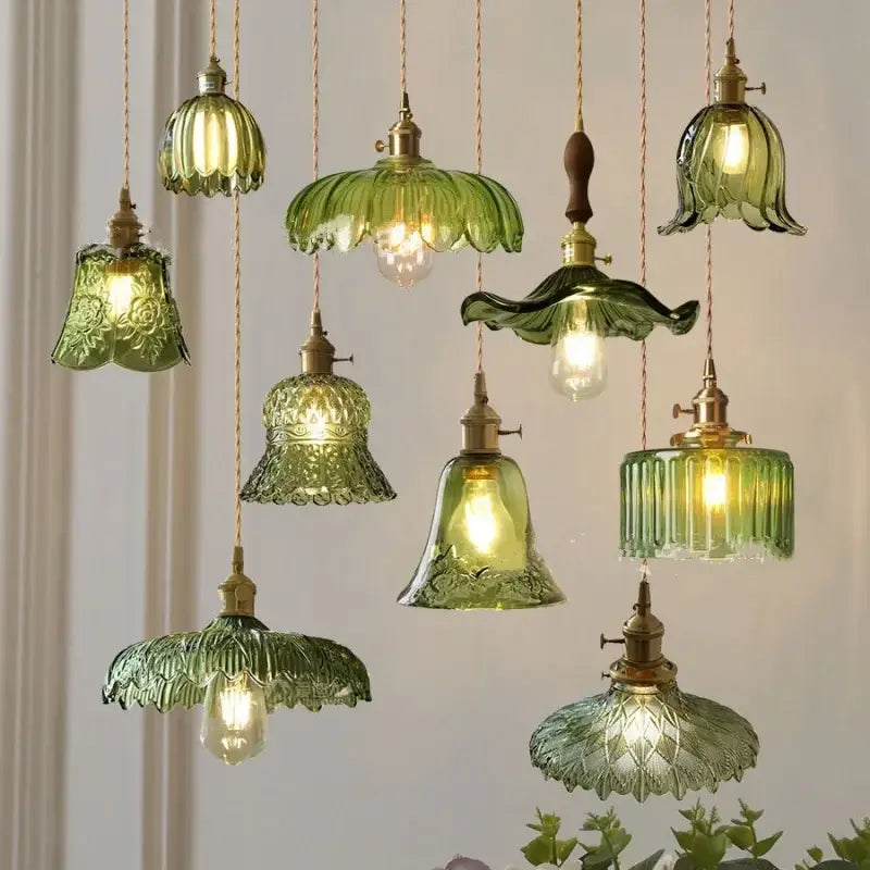 Decorbites™ nordic led pendant light with green glass and brass fixtures featuring varied floral designs and chain cord