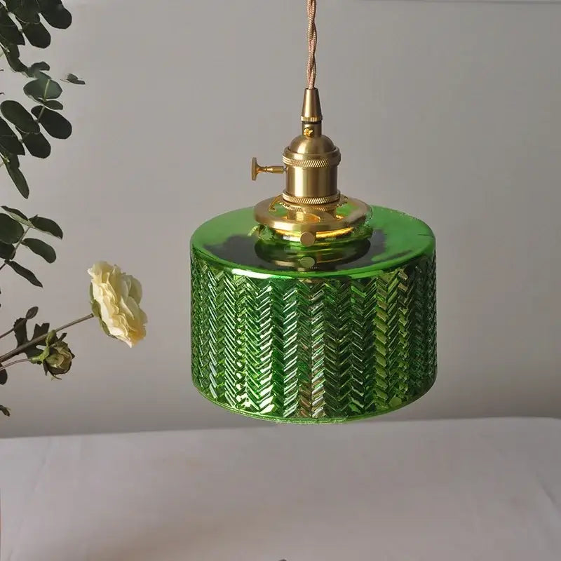 DecorBites™ nordic led pendant light with vibrant green glass herringbone pattern and brass hardware with chain cord