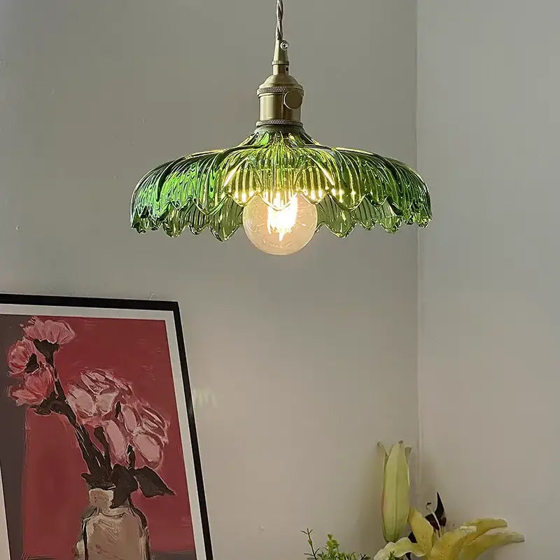 DecorBites™ nordic led pendant light green glass hanging fixture with brass chain cord and exposed bulb design