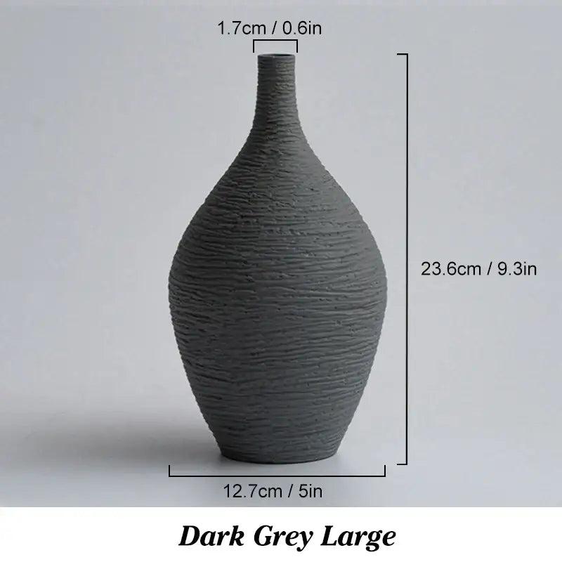 DecorBites™ nordic luxury ceramic vase in dark grey with a textured ribbed surface and slender neck for home décor