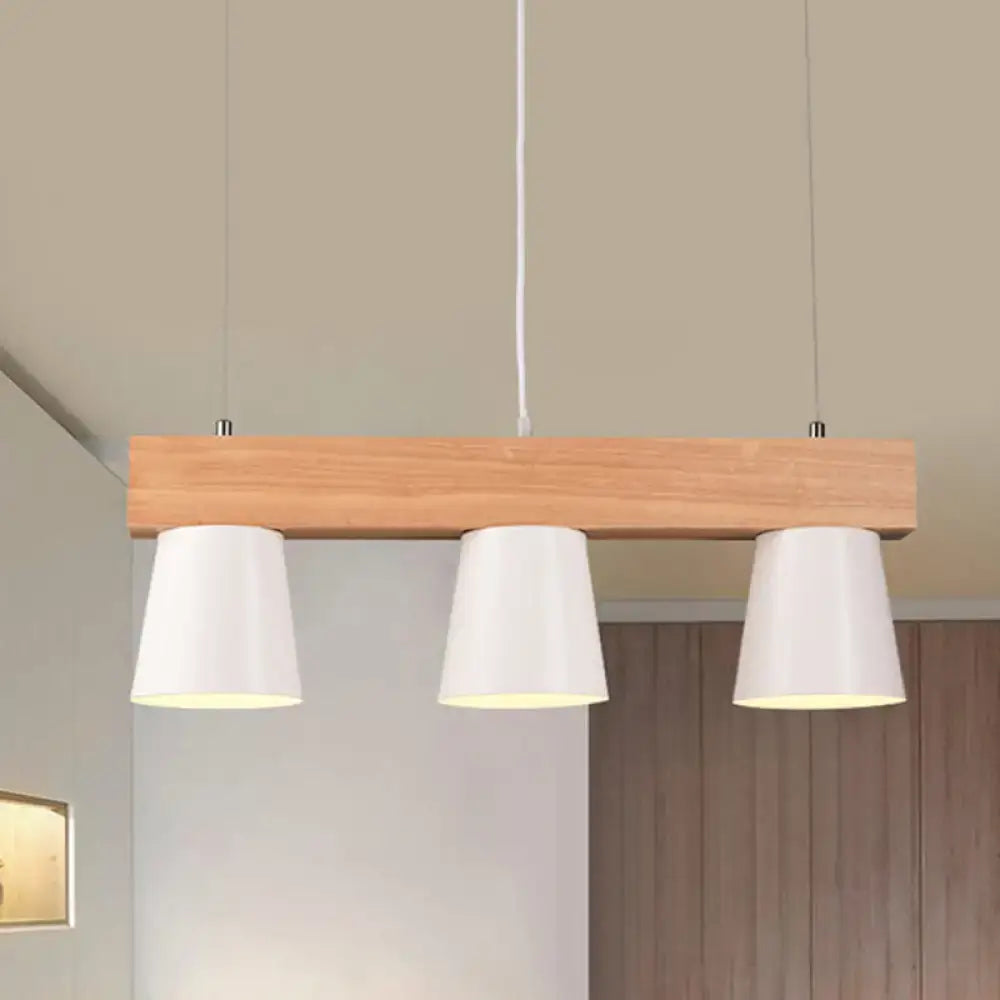 Modern wooden pendant light with three white conical shades and wood beam compatible with 220v-240v and 110v-120v