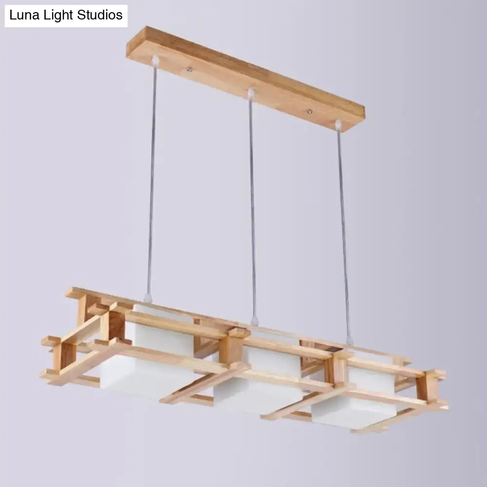 Decorbites™ nordic milk glass suspension lamp with beige wooden cage and three frosted glass shades