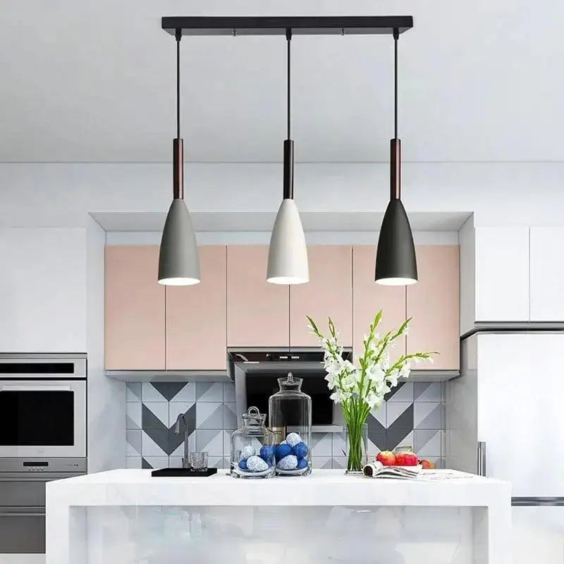 DecorBites™ nordic minimalist pendant light with black metal frame and matte gray white and charcoal shades for kitchen island