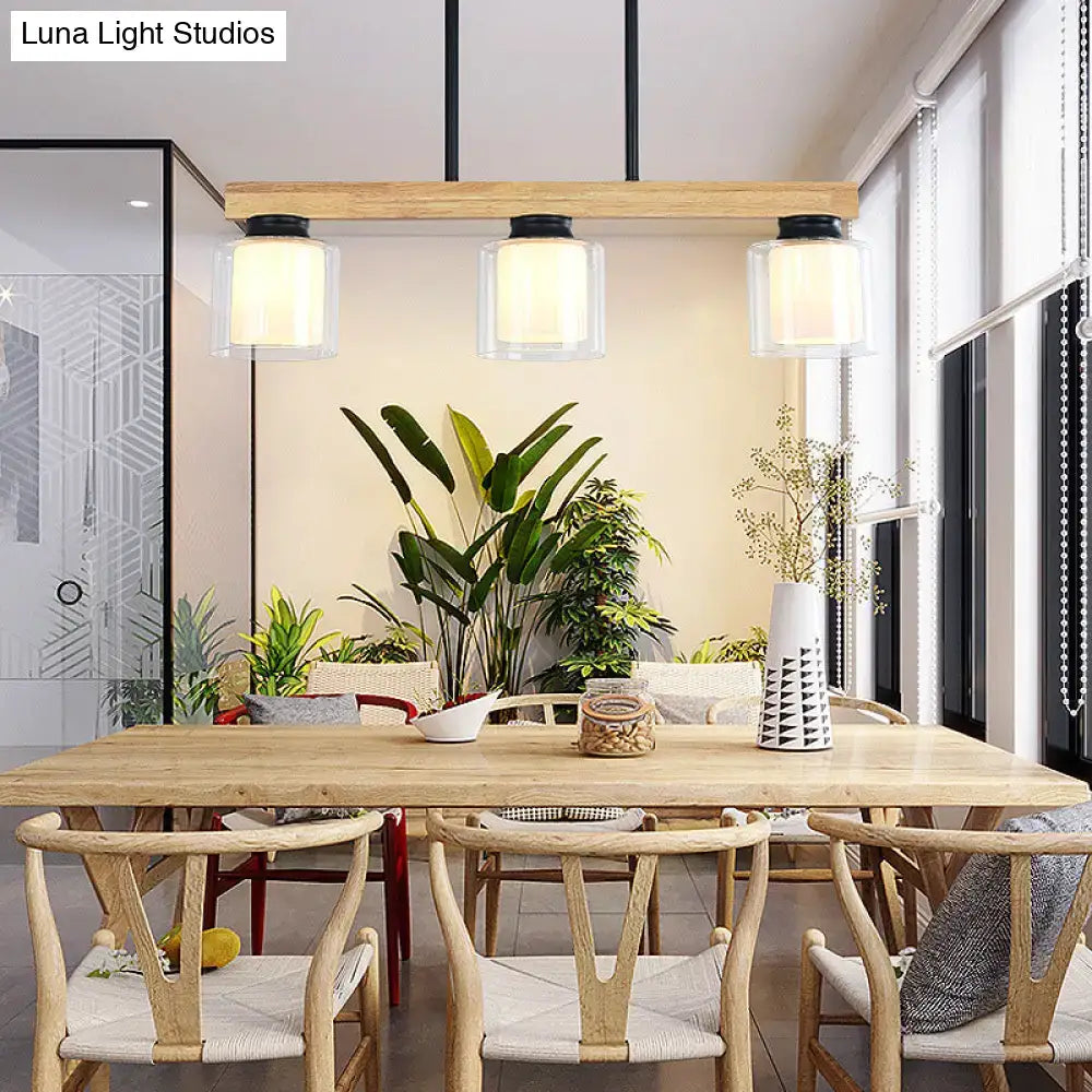 DecorBites™ nordic modern wood island pendant with black metal fixtures and three clear glass shades hanging lamp
