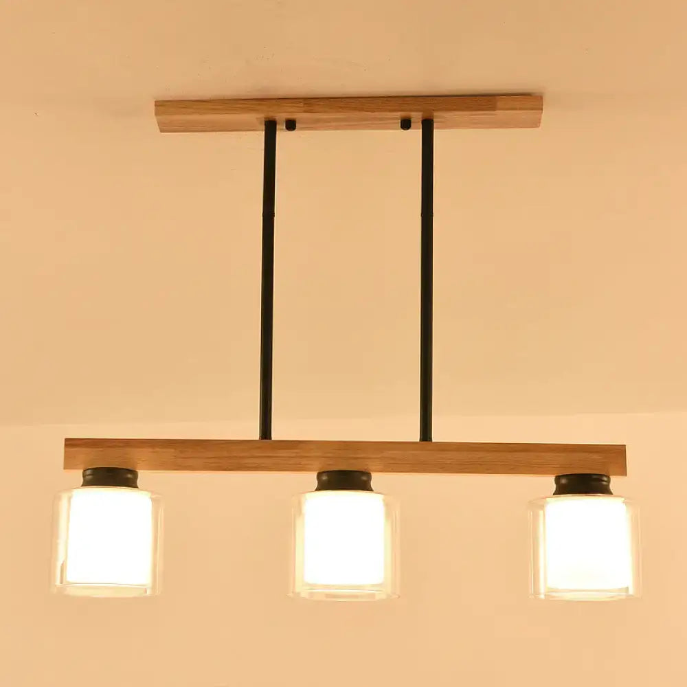 Decorbites nordic modern wood island pendant with three clear glass shades and black metal accents hanging lamp
