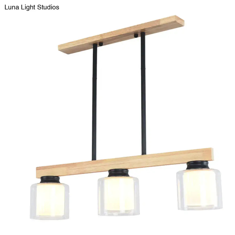 Decorbites™ nordic modern wood island pendant with natural wood frame black metal rods and glass shades hanging lamp
