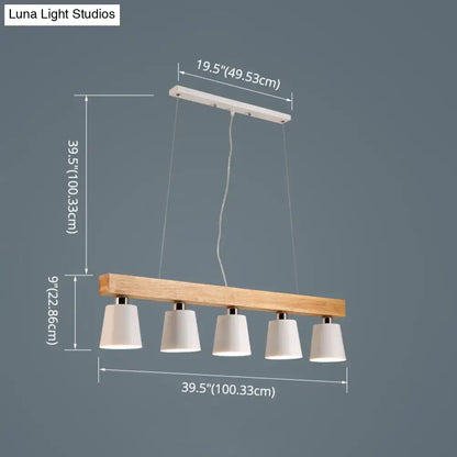 DecorBites™ Nordic modern wood island pendant with natural wood beam and white ceramic shades with metal lampshade