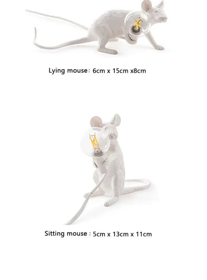 White ceramic nordic mouse led table lamp with clear glass globe and exposed filament bulb held in paws