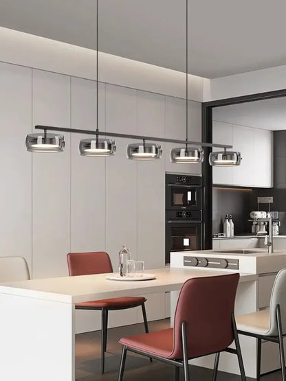 DecorBites™ nordic pendant lamp with five cylindrical glass shades in cold white and warm white for dining rooms
