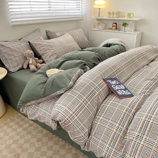 DecorBites™ Nordic plaid cotton bedding set queen king with soft muted green base and beige brown cream checkered pattern