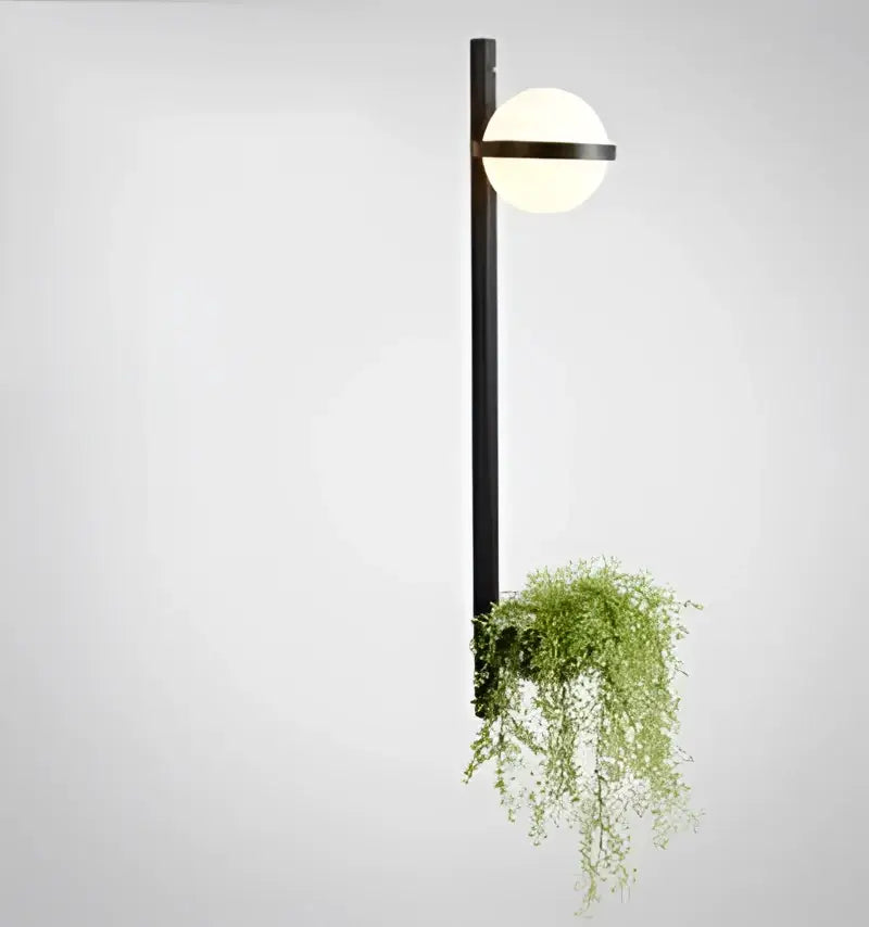 DecorBites™ nordic planter light sconce black pole-mounted with white globe and integrated hanging planter for greenery
