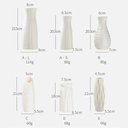 Six white ceramic vases with varied textures and sizes complement the decorbites nordic plastic vase for modern home decor