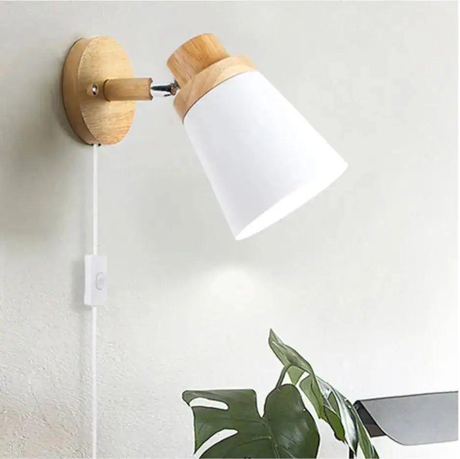 DecorBites™ moah nordic wall sconce with natural wood base and white conical shade minimalist plug in wall sconce
