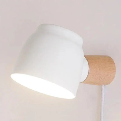 White ceramic decorbites™ nordic plug in wall sconce with natural wood base modern plug-in wall light