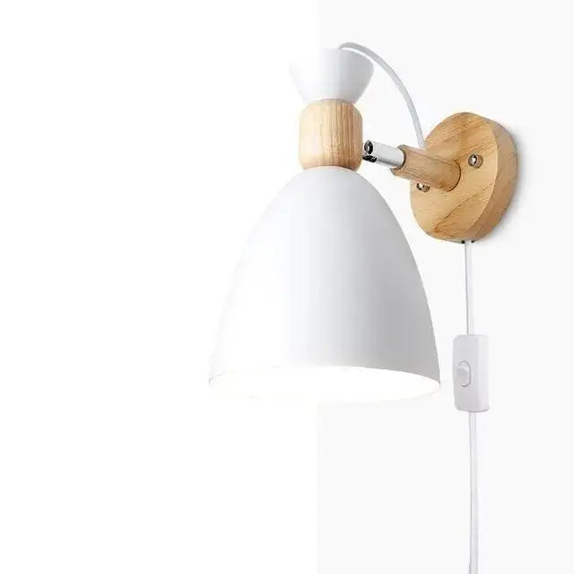 DecorBites™ nordic plug wall sconce with white conical lampshade and wooden arm for stylish home decor lighting