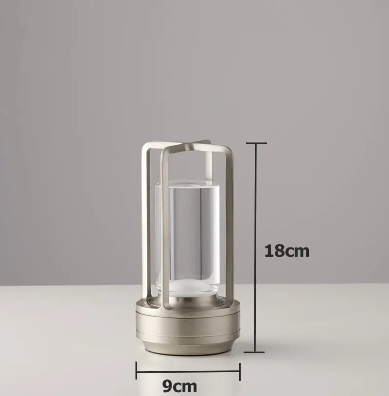 Decorbites™ nordic rechargeable table lamp with brushed metallic frame and clear glass cylinder modern design